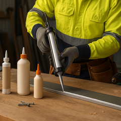 Trade-grade adhesives lifestyle scene: pro tradie applying sealant on a timber-to-metal join in an Australian workshop with unbranded epoxy, PVA and construction adhesive tubes on the bench.