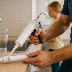 Potable water–safe adhesive being applied to PVC/PEX fittings under a kitchen sink — safe for drinking-water plumbing in Australian homes | Glues Australia