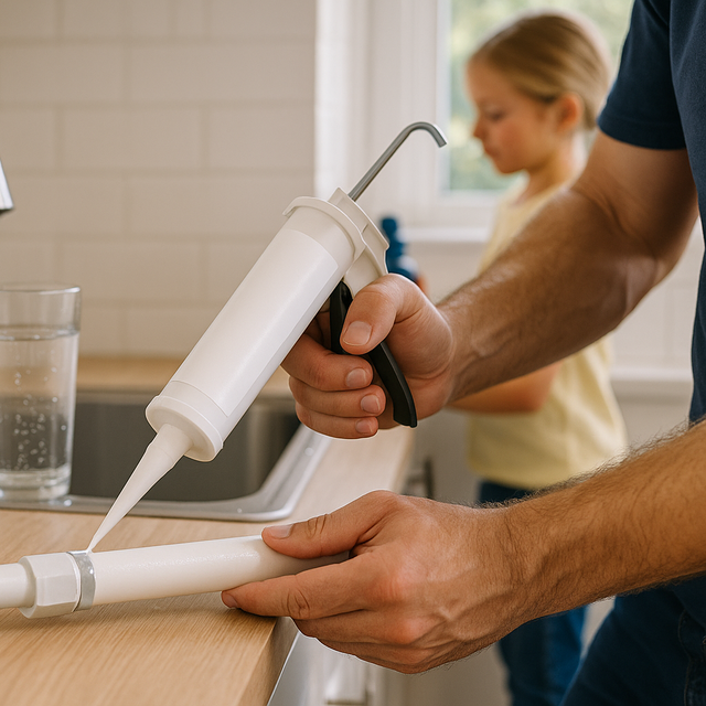 Potable water–safe adhesive being applied to PVC/PEX fittings under a kitchen sink — safe for drinking-water plumbing in Australian homes | Glues Australia