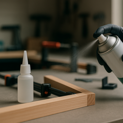 Applying adhesive activator spray to a wood mitre joint for instant cure—unbranded glue accelerator with CA glue in a clean workshop Glues Australia