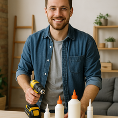 DIY enthusiast in a modern home workshop using adhesives and tools on a wooden workbench, demonstrating Glues Australia’s DIY Friendly collection for home projects and repairs.