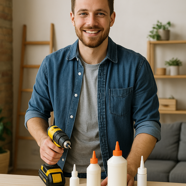 DIY enthusiast in a modern home workshop using adhesives and tools on a wooden workbench, demonstrating Glues Australia’s DIY Friendly collection for home projects and repairs.