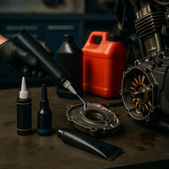 Mechanic applying fuel- and oil-resistant gasket sealant to motorcycle engine cover in a clean workshop—automotive adhesives for petrol and diesel systems | Glues Australia