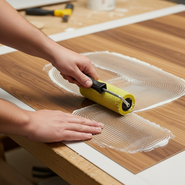 someone using a roller to apply adhesive to a laminate sheet