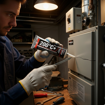 someone using an adhesive to repair a furnace