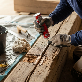 someone doing a timber repair with an adhesive