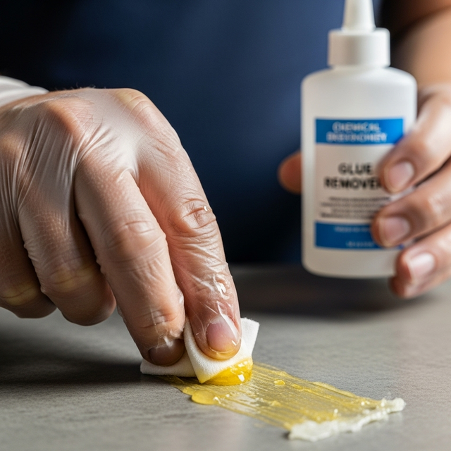 someone removing glue with a chemical remover