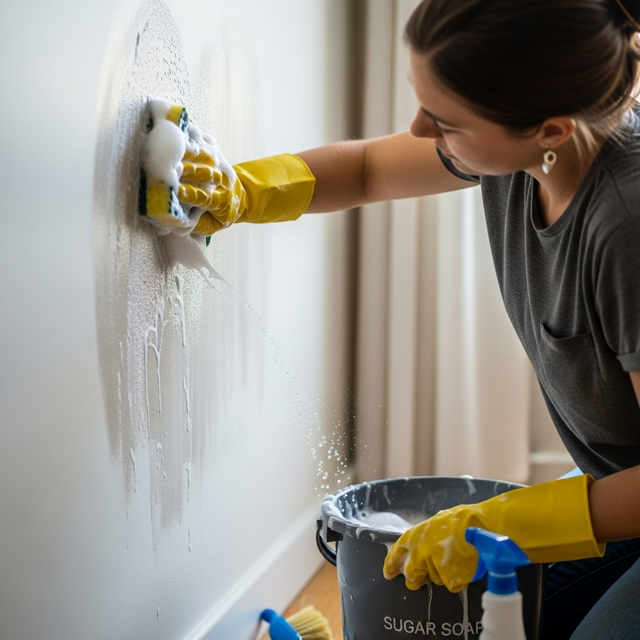 someone using sugar soap to clean a wall