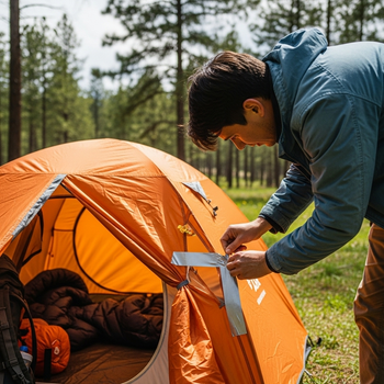someone using duck tape to repair a tent