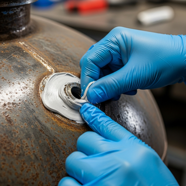 someone using a selleys knead-it to seal a small hole in a metal tank