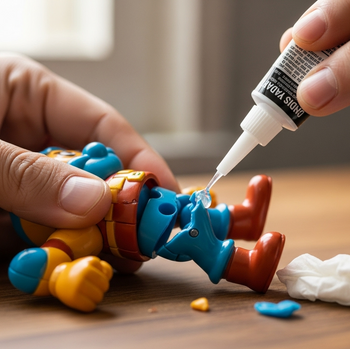 A person carefully repairs a broken plastic toy with a strong adhesive from Glues Australia. This image shows a DIY repair, highlighting the effectiveness of our glue products for plastic bonding and everyday fixes.