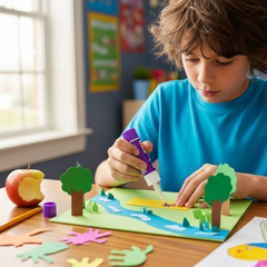 A young student is focused on their school project, using a purple glue stick from Glues Australia to attach paper cutouts to their diorama. This showcases our kid-safe, non-toxic glue sticks, perfect for all school and craft needs in Australia.