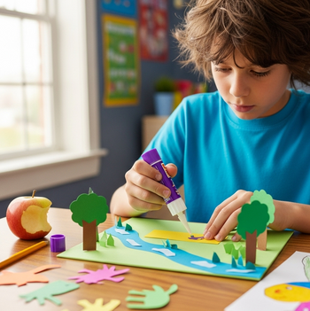 A young student is focused on their school project, using a purple glue stick from Glues Australia to attach paper cutouts to their diorama. This showcases our kid-safe, non-toxic glue sticks, perfect for all school and craft needs in Australia.