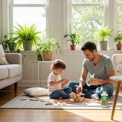 assembling a wooden toy together using a glue bottle with a green, eco-friendly label