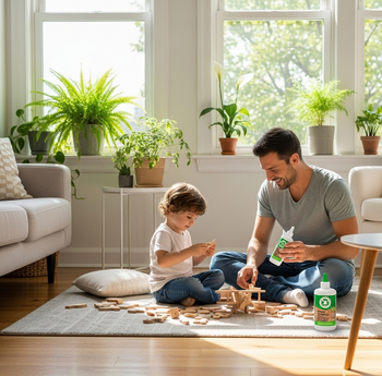 assembling a wooden toy together using a glue bottle with a green, eco-friendly label