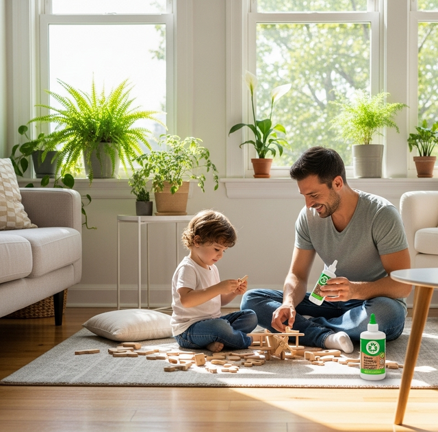 assembling a wooden toy together using a glue bottle with a green, eco-friendly label
