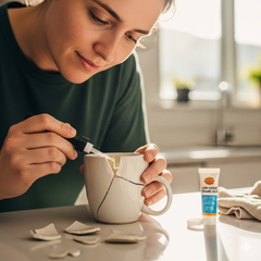 A close-up shot of a person comfortably working on a detailed indoor project, like repairing a ceramic mug on a kitchen counter