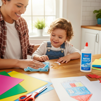 A bottle of glue with a 'Water Clean Up' label is visible on the table