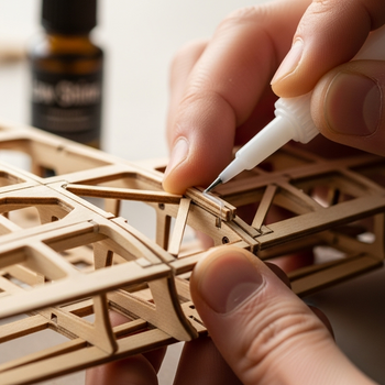 The person is applying glue to a small wooden piece. The finished parts of the model have a clean, natural, and seamless look, with no glossy or shiny glue residue visible