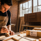 The packaging for "Glues Australia - Stainable Collection" is subtly visible on the workbench. In the background, a finished piece of furniture, stained a rich, warm color, showcases the product's seamless, stainable finish
