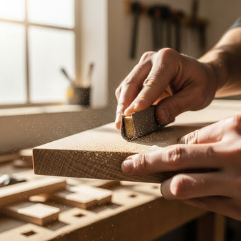 A close-up of hands sanding a repaired wooden surface to a perfectly smooth finish, showcasing the sandable finish product from Glues Australia in a DIY workshop setting
