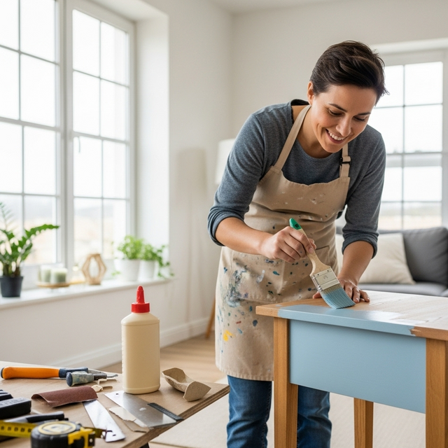 A person is in a brightly lit, modern living room, painting a wooden side table a light blue color
