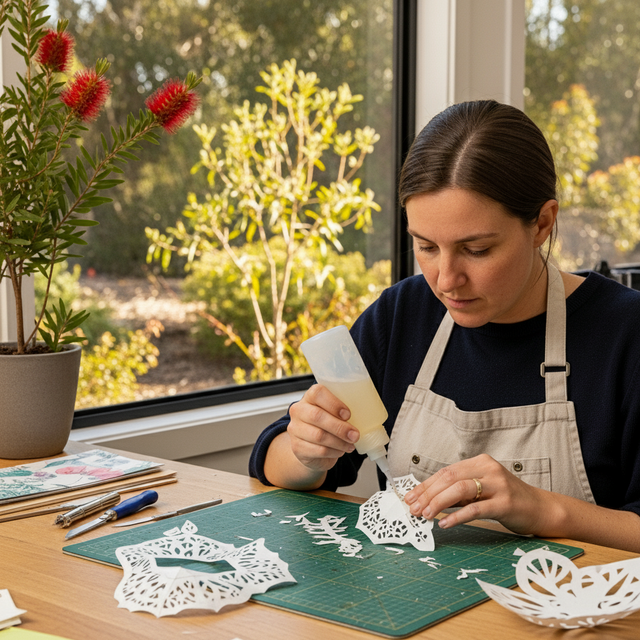 A crafter uses Glues Australia's Dries Clear glue to create a detailed paper sculpture in a sunlit workshop, showcasing the adhesive's invisible bond
