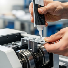 A close-up image showcasing the application of Glues Australia's vibration-resistant adhesive on a metal bracket being fitted to industrial machinery, demonstrating the product's strength and reliability in high-vibration environments.