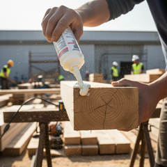 A detailed lifestyle image showcasing Glues Australia's structural glue in action. A person is carefully applying a clear line of high-strength structural adhesive to a wooden component