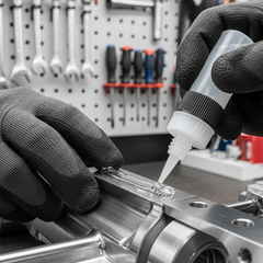 A person applying Glues Australia's chemical resistant glue to a metal joint in a professional workshop setting. The strong adhesive is being used for a heavy-duty application, showcasing its durability and reliability