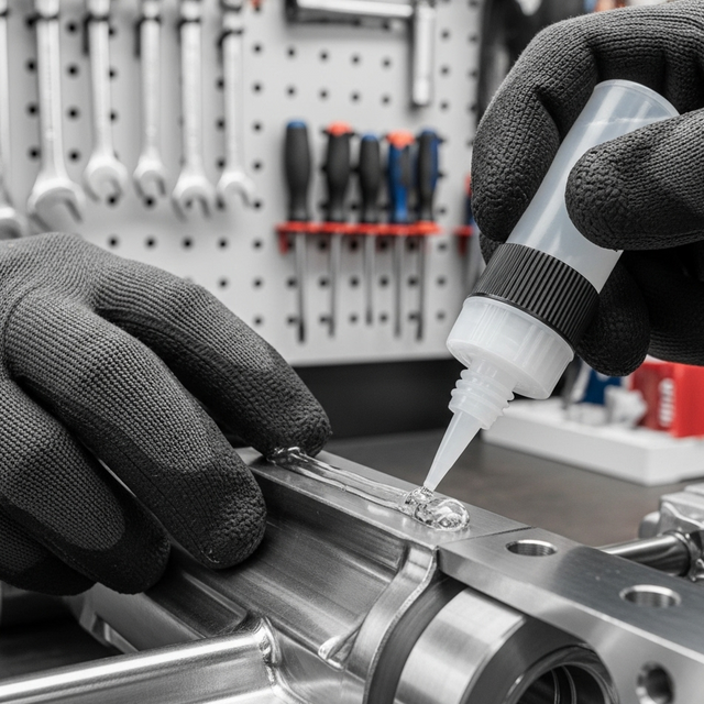 A person applying Glues Australia's chemical resistant glue to a metal joint in a professional workshop setting. The strong adhesive is being used for a heavy-duty application, showcasing its durability and reliability