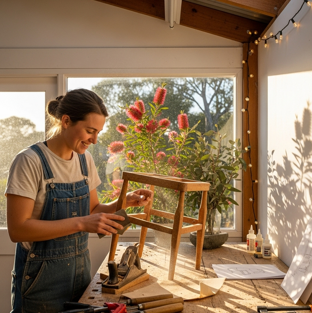 A young person smiling and working on a weekend DIY project, restoring a wooden chair in a bright and airy workshop. Glues Australia 