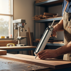 A skilled craftsperson in a bright, professional Australian workshop using a high-quality adhesive from Glues Australia's Professional Use collection on a wooden project