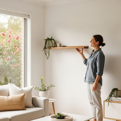 A smiling person in a modern Australian living room proudly displaying a newly installed wooden floating shelf, a simple DIY project achieved with Glues Australia's 'No Primer Needed' collection