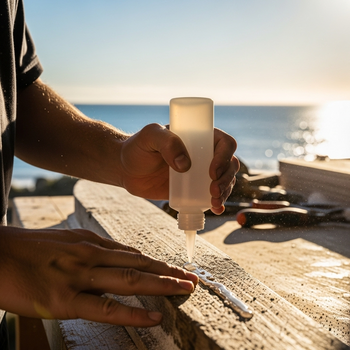 A close-up of hands applying Glues Australia's non-corrosive adhesive to repair a wooden boat part in a bright, coastal Australian workshop, showcasing the product's durability for marine and outdoor DIY projects
