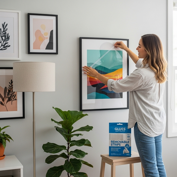 A young woman uses Glues Australia's removable adhesive strips to easily hang a picture frame in her modern living room, demonstrating a simple, damage-free decorating solution