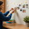 A student effortlessly creates a photo wall in their dorm room using Glues Australia's repositionable tabs, easily moving pictures without damaging the walls, showcasing a flexible and creative decorating solution