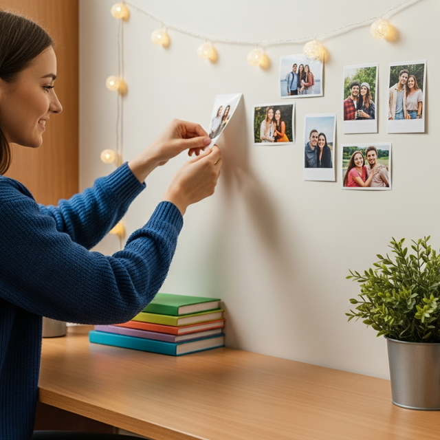 A student effortlessly creates a photo wall in their dorm room using Glues Australia's repositionable tabs, easily moving pictures without damaging the walls, showcasing a flexible and creative decorating solution
