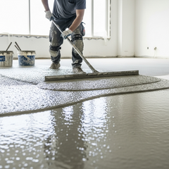 someone applying a self levelling cementitious product on the floor