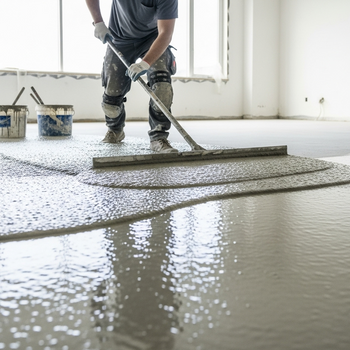 someone applying a self levelling cementitious product on the floor