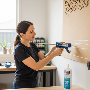 Confident DIYer applies Glues Australia Non-Sag adhesive from a branded caulking gun to securely attach decorative wall panelling