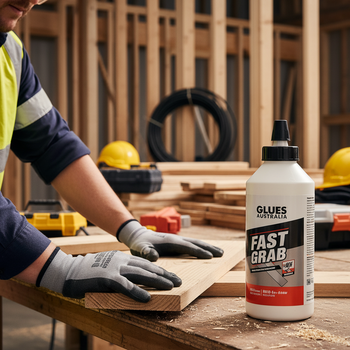 A construction professional using Fast Grab adhesive from Glues Australia to quickly and securely bond materials on a busy job site, demonstrating the product's strength and reliability for trade use.