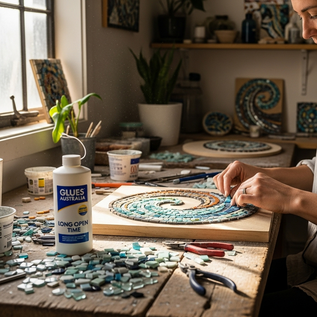 A person is creating a mosaic with Glues Australia's Long Open Time glue. The bright and creative workspace shows the precision and ease of using a long open time adhesive for detailed craft projects.
