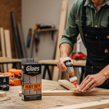 A person uses Glues Australia's Heavy Duty glue to repair wood in a workshop. The product is featured with its branding visible, showcasing its use in a durable, industrial setting