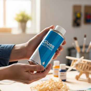 Close-up shot of a Glues Australia adhesive can being held in a workshop, showcasing the product in a creative DIY setting