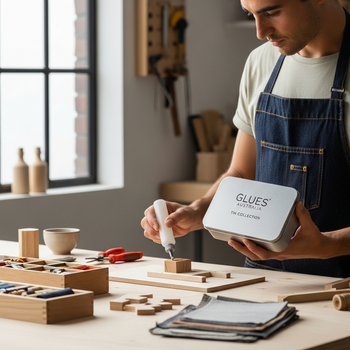  image showing a person crafting in a modern, sunlit workshop. The focus is on a stylish tin of adhesive from the "Tin" collection by Glues Australia, being used to glue a small wooden object