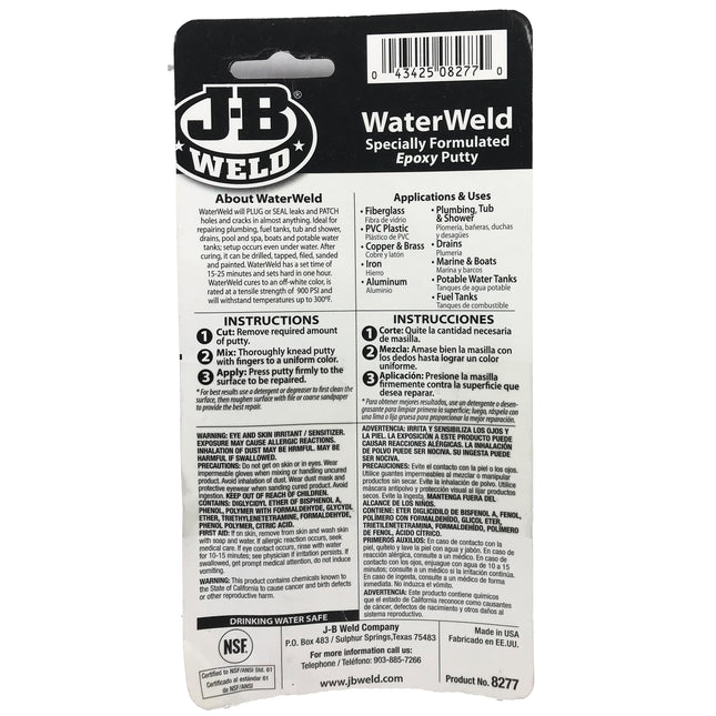 JB Weld Waterweld epoxy Putty Sets underwater Drinking Water Safe 57g