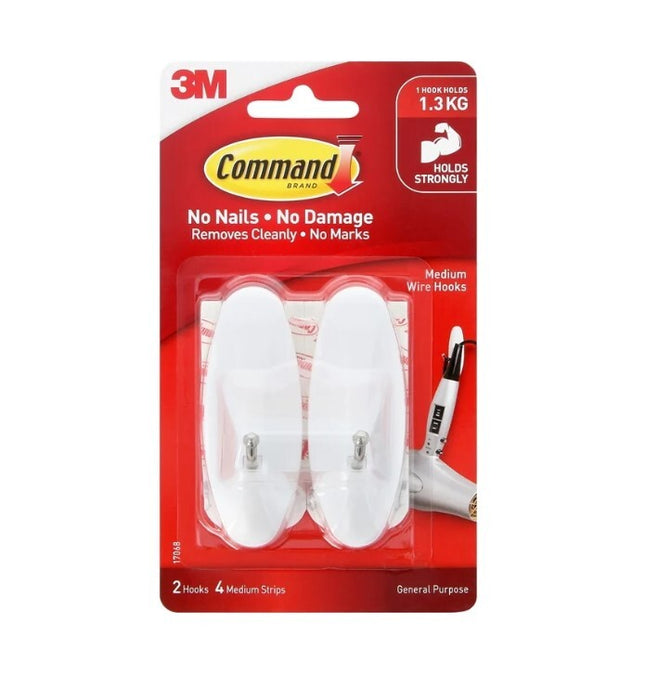 Command Medium Wire Hooks White x 2 (17068)