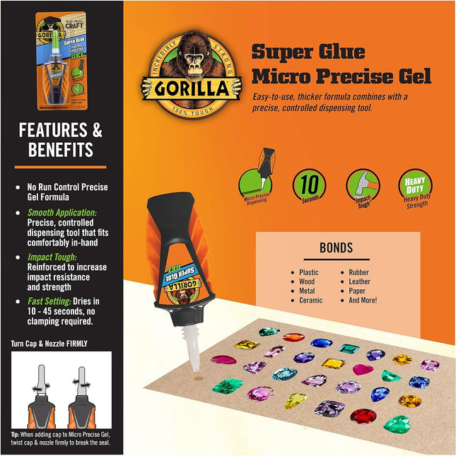 Gorilla Super Glue Micro Precise Gel 5.5g - Instant, Strong Bonding, Controlled Dispensing for Various Surfaces