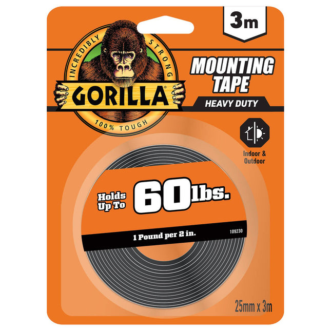 Packshot of Gorilla Black Mounting Tape Strong Indoor Hold 3.04m